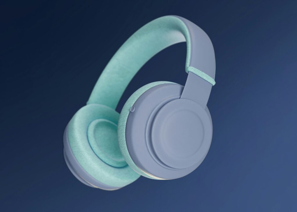 Kopfhörer in sanften Blau- und Grüntönen auf dunklem Hintergrund. Modernes Design mit bequemen Ohrpolstern.