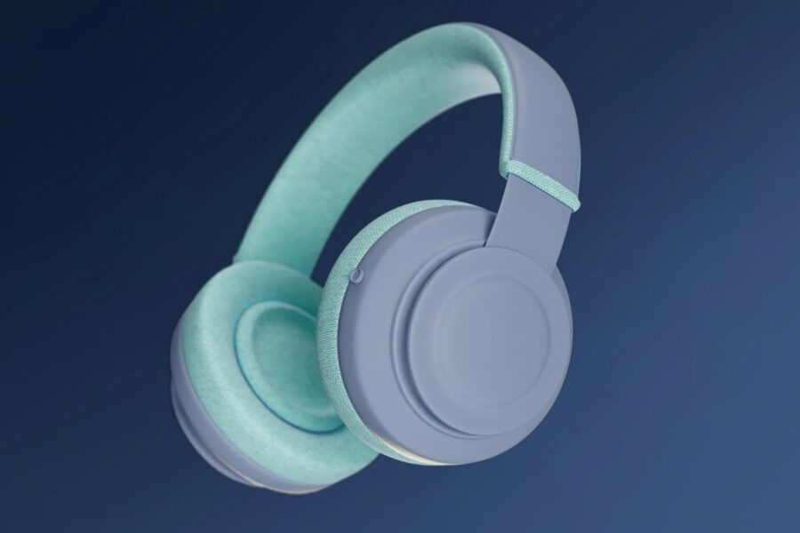 Kopfhörer in sanften Blau- und Grüntönen auf dunklem Hintergrund. Modernes Design mit bequemen Ohrpolstern.