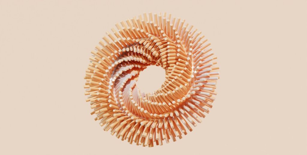 Kreisförmige Anordnung von Stäbchen in sanften Farbtönen auf einem hellen Hintergrund, die eine dynamische Struktur bildet.