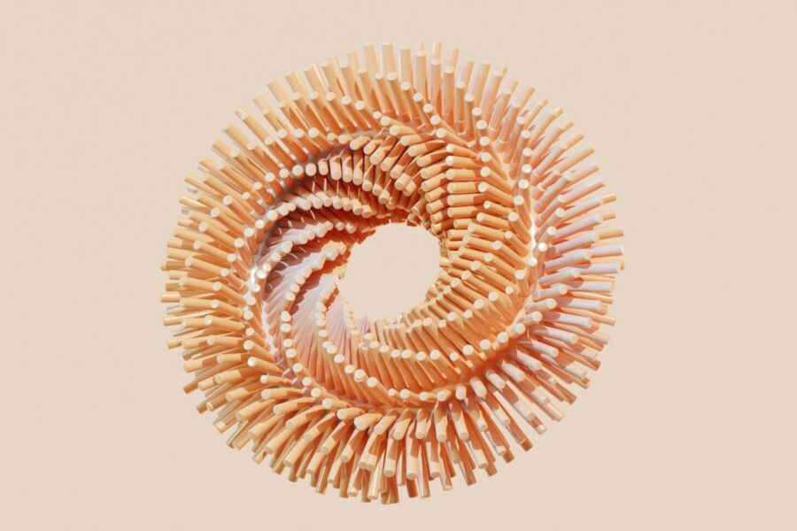 Kreisförmige Anordnung von Stäbchen in sanften Farbtönen auf einem hellen Hintergrund, die eine dynamische Struktur bildet.